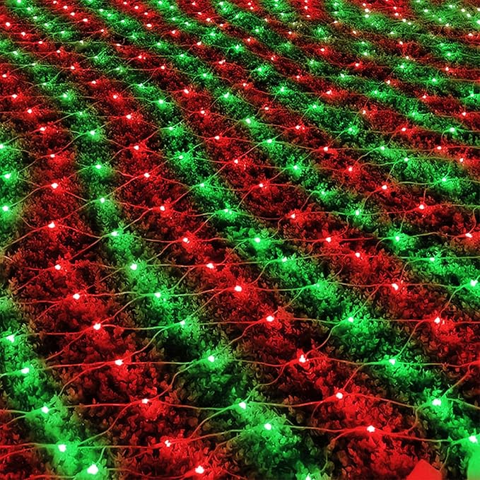 WATERGLIDE Outdoor Christmas Net Lights, 12FT x 5FT 360 LED Mesh String Light with 8 Lighting Mode, Connectable Waterproof Lights for Garden Tree Bushes, Holiday Wedding Party Decoration, Red & Green