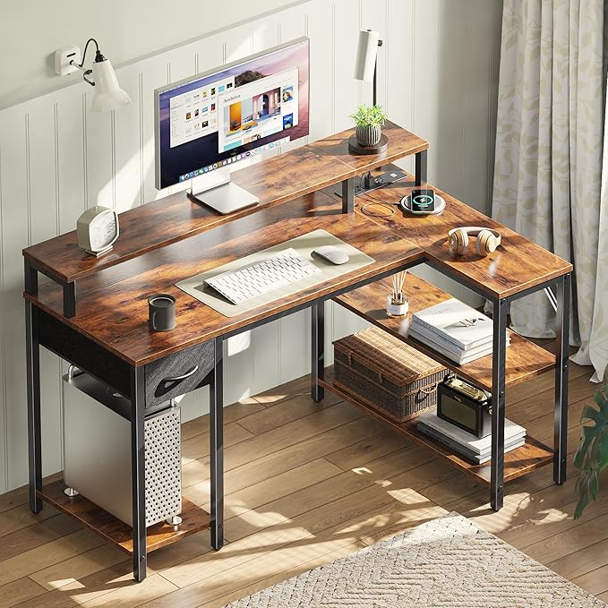 SUPERJARE 47 inch Reversible L Shaped Desk with LED Lights & Power Outlets, Computer Desk with Shelves & Monitor Stand, Gaming Desk with Drawer, Home Office Desk Corner Desk, Rustic Brown