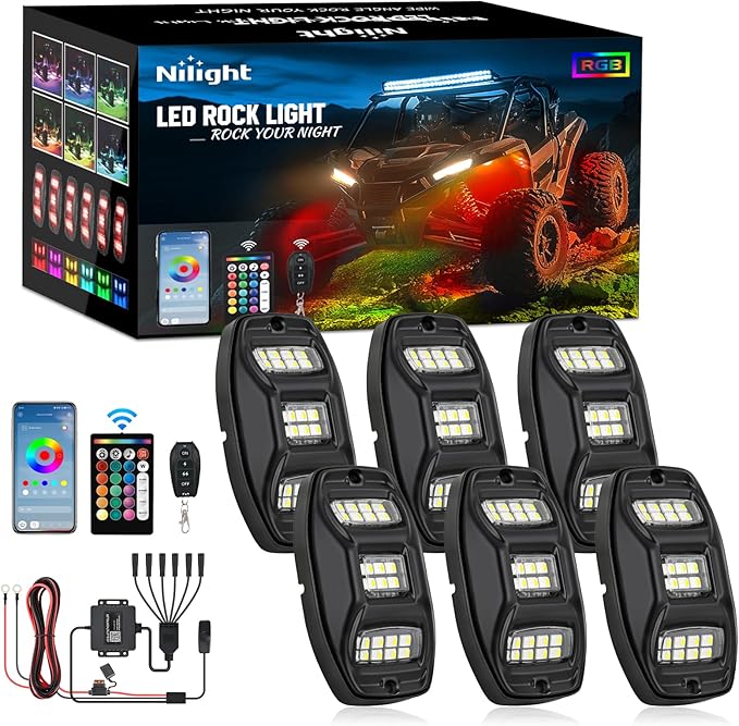 Nilight RGBW LED Rock Lights Kit, 6 Pods 22LED Wide Angle Remote & Bluetooth App Dual Control with Music Modes Multicolor Underglow Neon Wheel Well Light Fit for ATV UTV SUV Offroad Truck RZR Boat