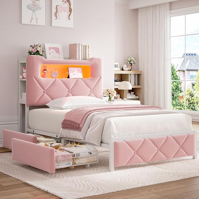 Twin Upholstered LED Bed Frame with 2 Storage Drawers and 2-Tier Storage Bookcase Headboard, Velvet Princess Platform Bed for Kids/Girls/Boys, Heavy Duty Metal Support, No Box Spring Needed, Pink