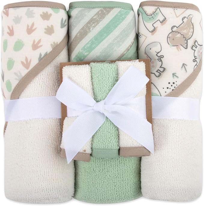 Hooded Baby Bath Towel and Washcloth 6 Piece Set for Newborns, Infants & Toddlers, Boys & Girls Baby Hooded Towels Set (Dinosaurs & Stripes)