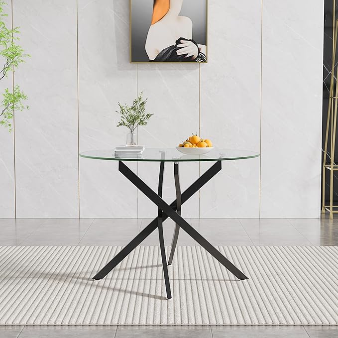 36" Round Glass Dining Room Table for 4 with Tempered Glass Top and Black Metal Legs, Modern Clear Kitchen and Dinner Table for Home Office Dining Room