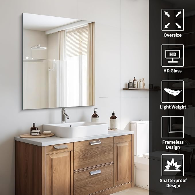 Frameless Mirror, 30x36 inch Rectangle Bathroom Mirror for Wall, Upgraded Shatterproof Vanity Mirror with Polished Edge for Bathroom,Bedroom,Living Room and Entryway