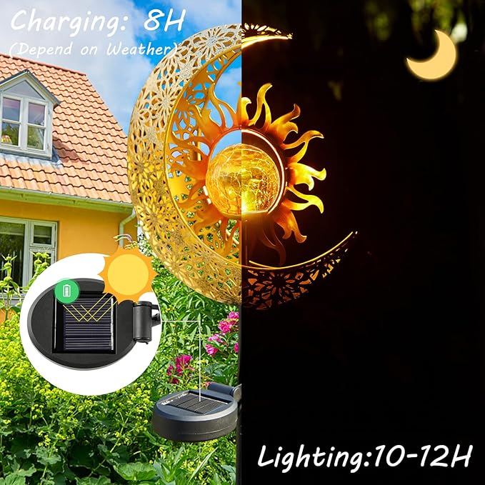 LICKLIP Garden Solar Lights Outdoor Decorative, Sun & Moon Crackle Glass Globe Metal Stake Light, Waterproof Warm White LED Light, Decorations for Pathway Lawn Patio Courtyard Backyard (1 Pack)