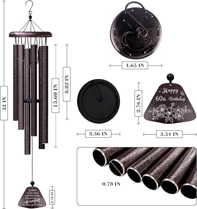 60th Birthday Gifts for Women Men, 60th Birthday Decorations 32” Wind Chimes Outside, 1965/60 Year Old Bday Gift for Women Men