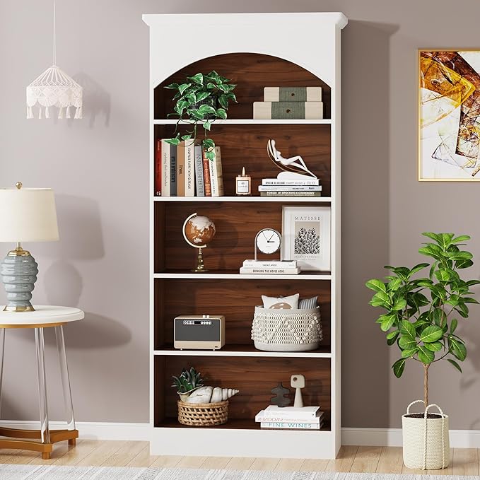 LITTLE TREE 70.9" White Bookcase, 5-Tier Tall Bookshelf with Open Shelves, Wooden Vintage Free-Standing Book Shelf for Living Room, Home Office, Bed Room