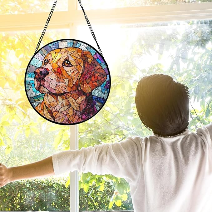 Stained Glass Window Hanging, Cute Dog Abstract Sun Catchers Colorful Glass Panel Texture Suncatcher Decor for Birthday for Women, Men, Wife, Aunt, and Mom 14.9x14.9 in