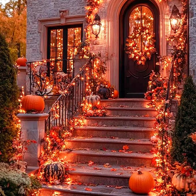 Orange Halloween Tree Lights with Green Wire,13ft 50 Incandescent Bulb Waterproof Fairy Lights，Plug in Mini String Lights for Christmas, Patio, Holiday, Party, Home, Indoor Outdoor Decor