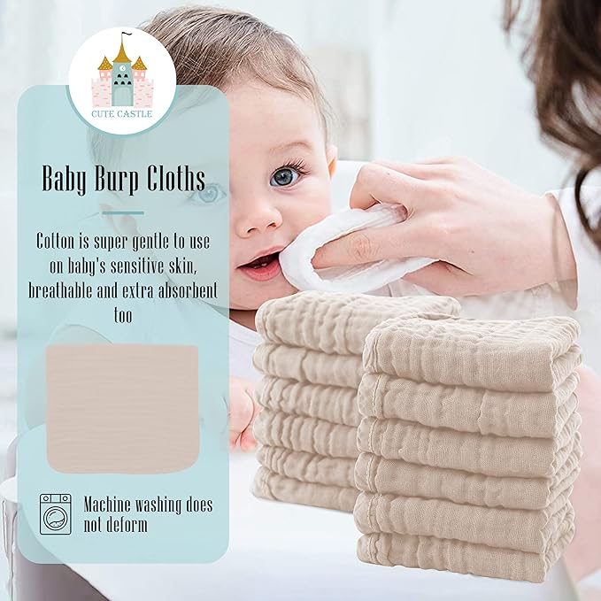 Cute Castle 12 Pack Muslin Burp Cloths for Baby - Ultra-Soft 100% Cotton Baby Washcloths - Large 20'' by 10'' Super Absorbent Milk Spit Up Rags - Burpy Cloths for Unisex, Boy, Girl - Brown