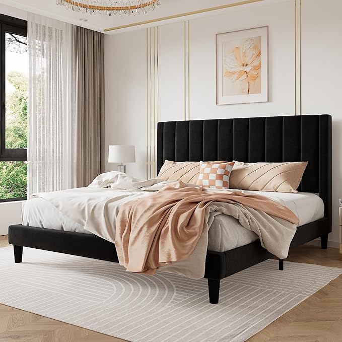 SHA CERLIN King Bed Frame/Velvet Upholstered Platform Bed Frame with Headboard/Strong Wood Slats Support/Mattress Foundation/No Box Spring Needed - Black