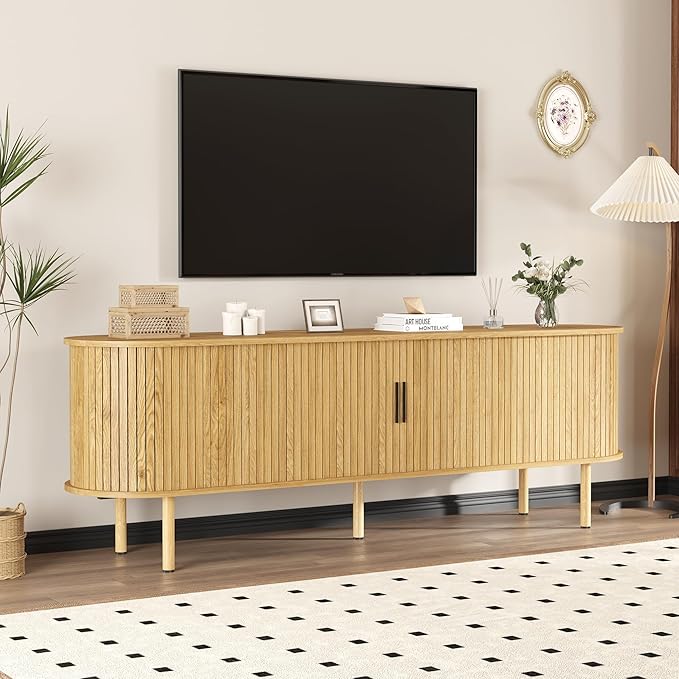 70.1" TV Stand, Modern TV Console Table with Storage Compartment and Sliding Door, Gaming Entertainment Center with Cabinet for Living Room, Bedroom, Office, Oak
