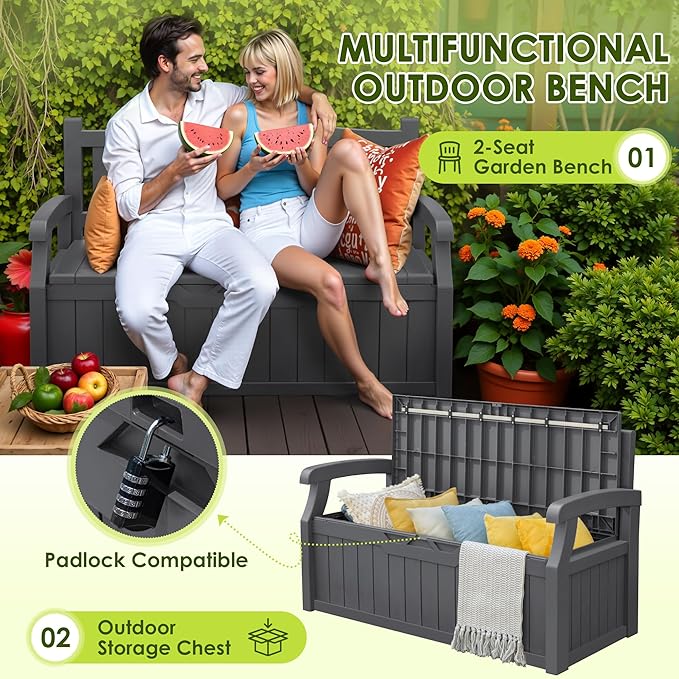 Greesum 80 Gallon Outdoor Storage Bench, Resin Patio Furniture with Armrest,Waterproof and UV-Resistant, Perfect to Garden, Poolside and Lawn, Dark Grey