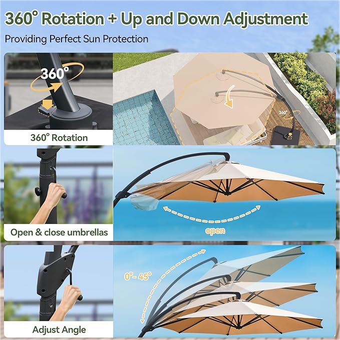 Aoxun 11 FT Cantilever Umbrella with Base Included, Patio Large Aluminum Offset Umbrella Windproof with 360°Rotation, Heavy Duty Frame for Outdoor, Pool, Deck and Garden