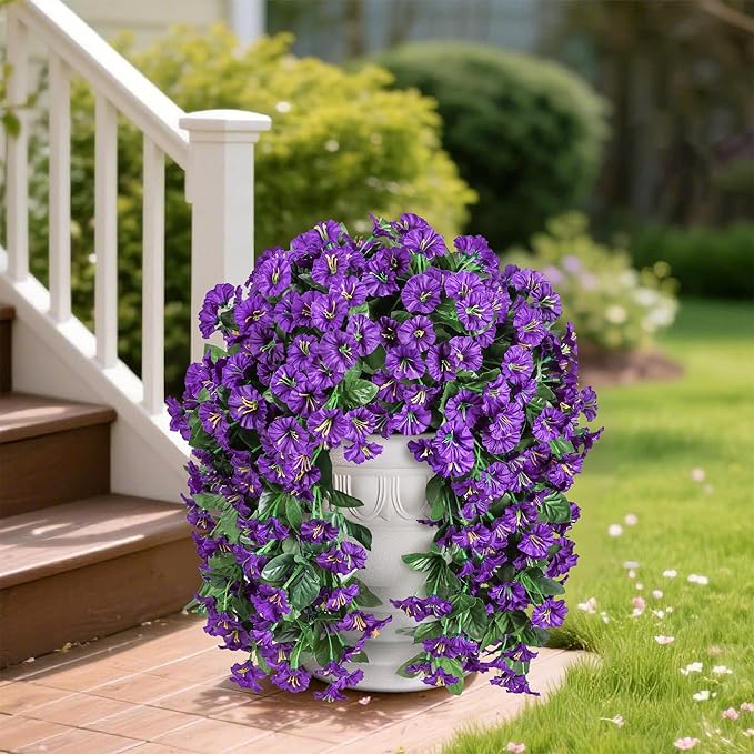 Artificial Fake Hanging Flowers Plants for Outdoor Outside Summer Decoration, 2PCS Faux Silk Morning Glory Purple UV Resistant Look Real Trailing Vines for Home Planter Porch Patio