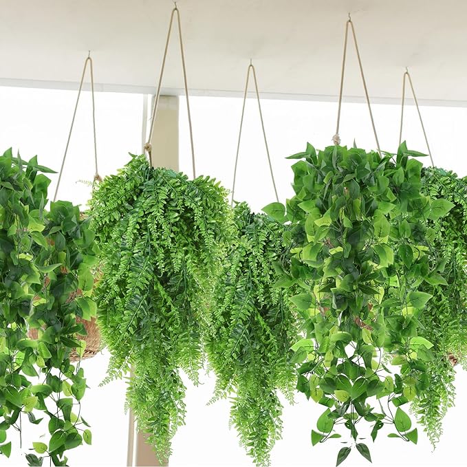 Hoteam 12 Pcs Artificial Hanging Plants 32 Inch Fake Ivy Vines with Fake Leaves Patio Artificial Plants Greenery for Living Room Indoor Outdoor Wall, No Basket (Pothos,Persian Grass)