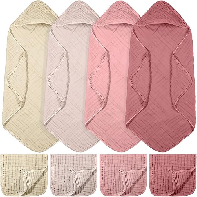 VitalCozy 8 Pcs Baby Muslin Hooded Bath Towels and Washcloths Muslin Cotton Hooded Baby Towels Absorbent Blankets for Gift Newborn Infant Shower (32 x 32 Inch,Elegant Color)