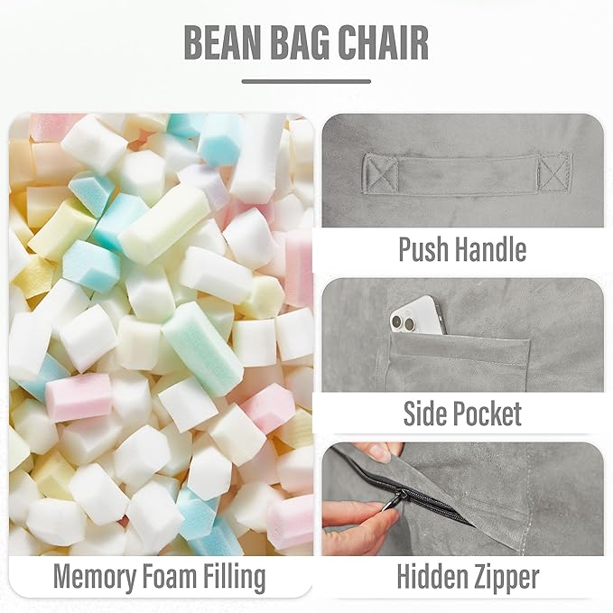 HABUTWAY Bean Bag Chair: Giant 6' Memory Foam Furniture Bean Bag Chair with Microfiber Cover - 6Ft,Light Grey