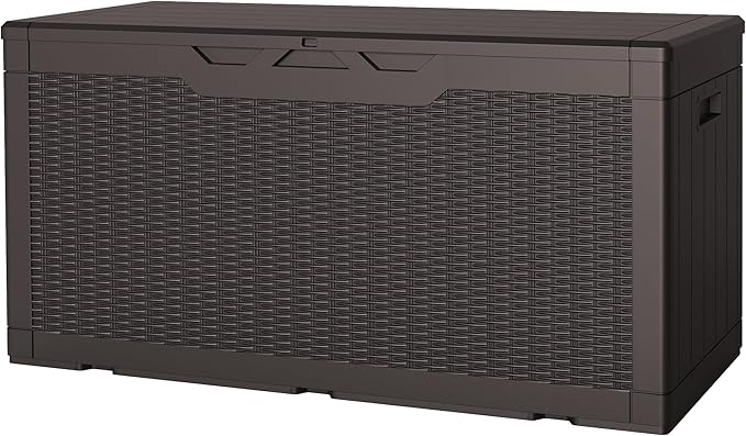 JUMMICO 100 Gallon Resin Deck Box, Waterproof Outdoor Storage Box with Lockable Lid for Garden Tools, Patio Cushions (Brown)