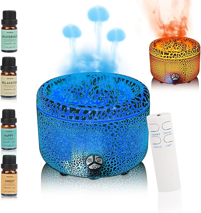 BOHOFAM Essential Oil Diffuser 500ML,Volcano and Flame Diffuser/Humidifier 2 Mode,Three Volcanic Vent Diffusers for Home,Included 4 Hotel Collection Diffuser Oil for Bedroom(Gray Crack)