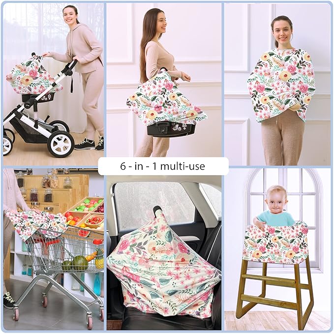 Nursing Carseat Canopy Breastfeeding Cover - Multi-use Stretchy Car Seat Covers for Babies, Baby Shower Gifts (Pink Floral)
