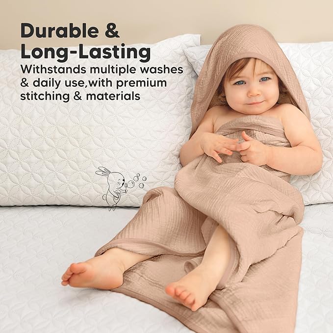 KeaBabies Muslin Hooded Baby Towels for Newborn Girls, Boys - 2-Pack, 30x30 Organic Cotton Baby Bath Towels Hooded, Soft Absorbent, Toddlers, Kids, Infant, Newborn Bath Essentials (Almond, Petite)