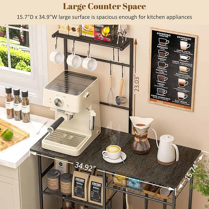 Baker's Rack for Kitchen with Storage, Microwave Stand with Adjustable Shelves, Kitchen Stand with 10 S Hooks, 6-Tier Coffee Bar Station, Kitchen Shelves for Spices, Pots, Gray