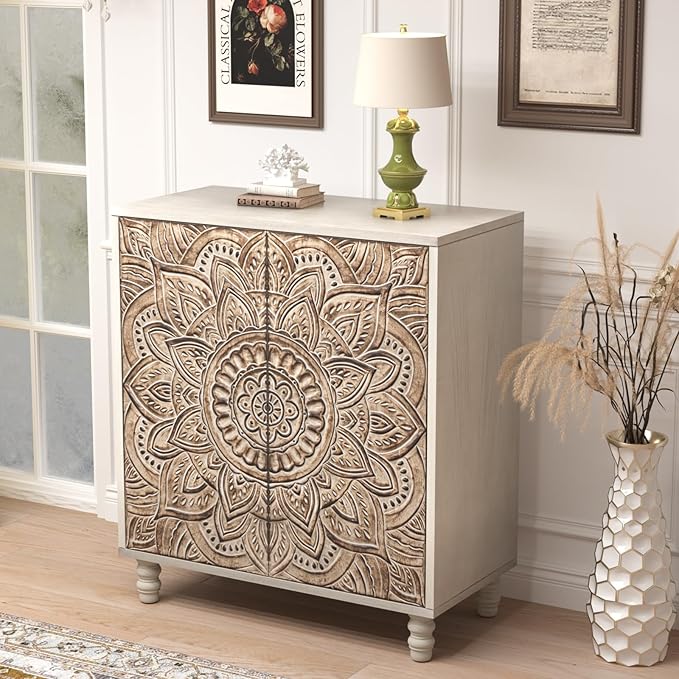 COSIEST Set of 2 32" Buffet Sideboard Cabinets with Storage, Accent Cabinet with Push-to-Open Doors, Vintage Lotus Carved Pinewood Doors, Entryway Console for Living Room, Kitchen, Hallway, Gray