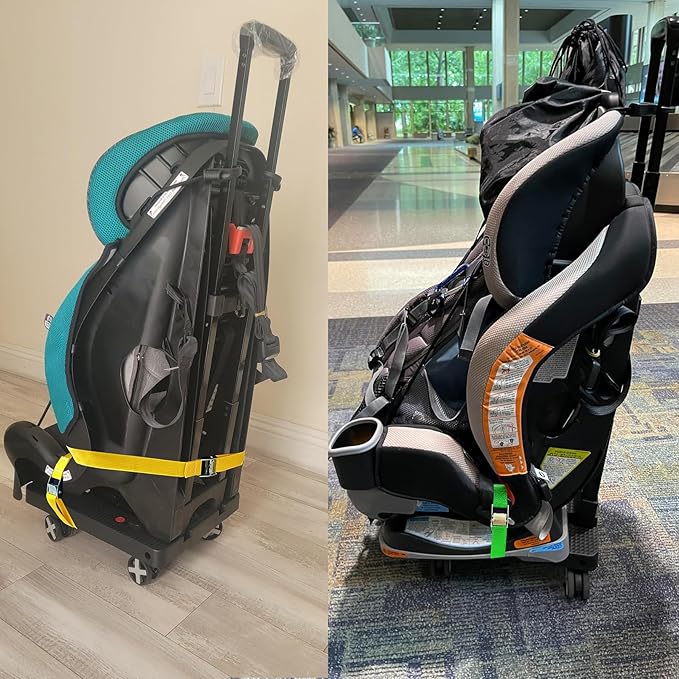 Car Seat Dolly for Airport - CarSeat Roller Cart Wheels for Airplane - Car Seat Travel Cart Carrier with Straps Foldable Luggage Trolley Folding Hand Truck (Black)