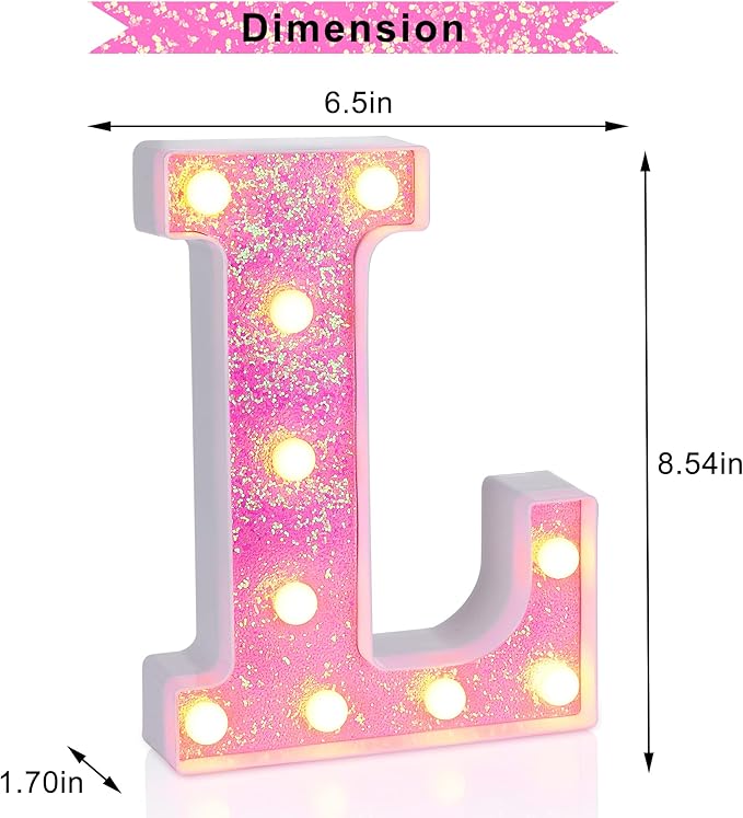 Foaky Pink Light up Letters，Pink Party Decorations,Girls Room Decor,Glitter Light Up Letters,Alphabet Letter Sign for Night Light Birthday Party Girls Gifts, Home Bar Decoration（L）
