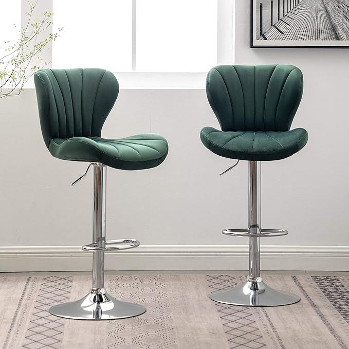 Roundhill Furniture Ellston Velvet Adjustable Swivel Barstools in Green, Set of 2