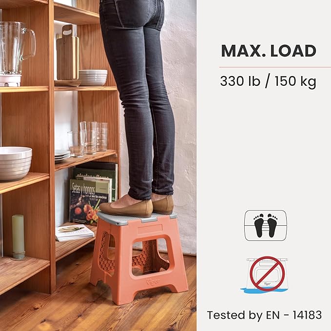 Vigar Compact Step Stool Foldable, 12-1/2-inch Step Stools for Adults up to 330 Pound, Lightweight Stool, Non-Slip Folding Step Stool, Sunrise Orange
