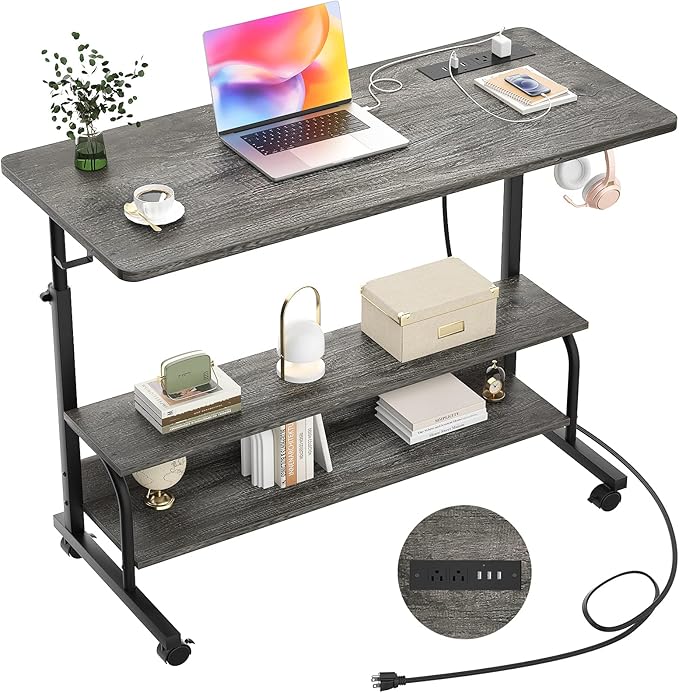 Height Adjustable Standing Desk with Power Outlets, 39" Manual Stand Up Desk with Storage Shelves Small Mobile Rolling Computer Desk Portable Laptop Table with Wheels for Home Office, Grey Oak