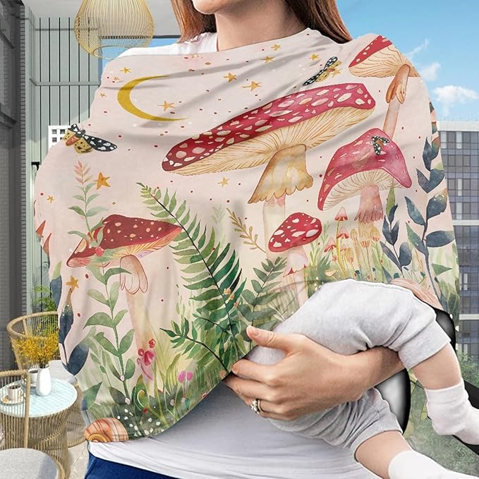 Wanyint Mushroom Print Baby Car Seat Cover Canopy and Nursing Cover Multi-Use Stretchy Breastfeeding Scarf Nursing Covers Carseat Canopy for Boys Girls