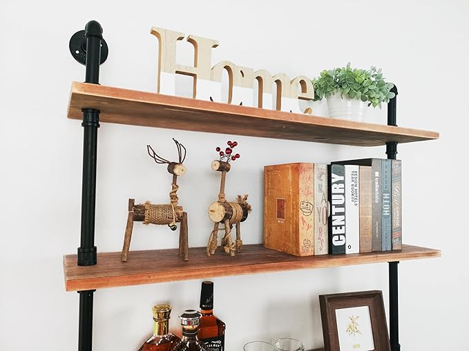 5 Tier Industrial Ladder Shelf Bookcase, Wall Mounted Wood Metal Pipe Rustic Bookshelf for Living Room (Weathered Brown, 10" D x 36" W x 70" H)
