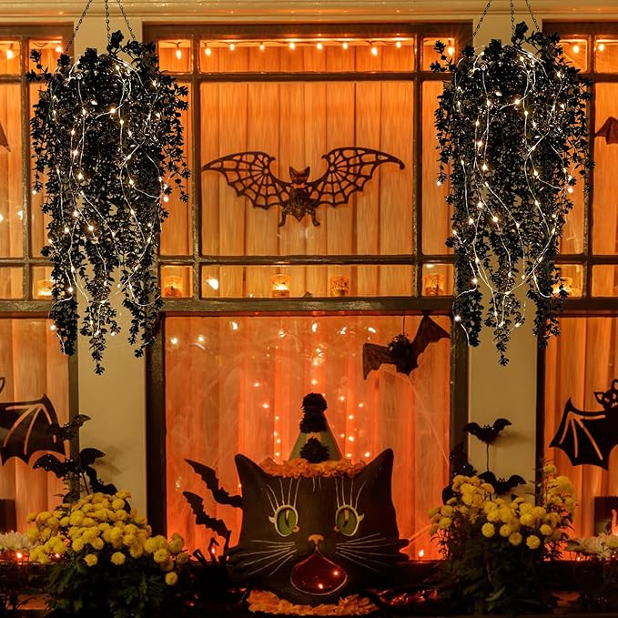 Black Hanging Flowers with Lights Faux Hanging Plants Black Artificial Hanging Plant Fake Greenery Faux Hanging Vines Plant for Indoor Outdoor Wedding Halloween Party Fall Wall Room Door Decor(Black)