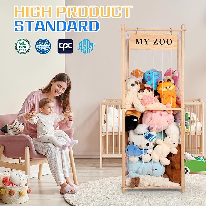 Stuffed Animal Storage Zoo, Wooden Stuffed Animal Organizer with Elastic Cords for Boys Girls, Space Saving Toy Plushies Storage Holder for Playroom, Bedroom, Living Room (Burlywood, Large)