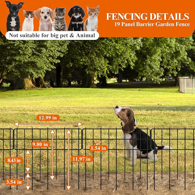 Decorative Fence Panel, 12.99"*11.97" No Dig Fences Barrier, Small Garden Fence Animal Barrier, Garden Border Edging Fences, Square 19 Pcs Black Metal Fencing, Dog Fencing Blocker for Yard, Flower Bed