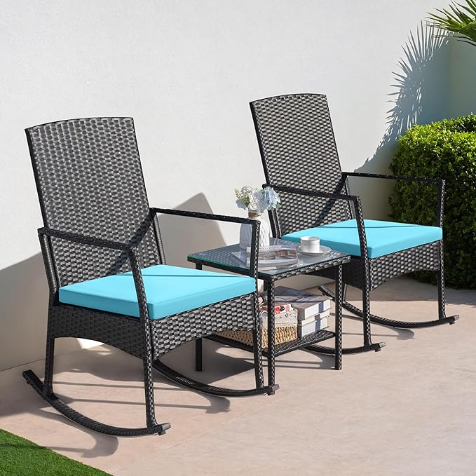 Greesum 3 Pieces Patio Furniture Set Outdoor Wicker Rocking Chairs with Glass Coffee Table for Garden Backyard Porch Poolside, Blue