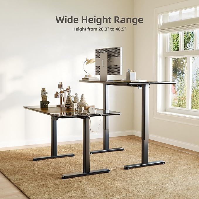INNOVAR Glass Standing Desk, 48 x 24 Inches Height-Adjustable Desk, Tempered Glass and Wooden Top, Quick Install Home Office Stand Up Desk with 4 Presets, Black Glass and Brown Wood