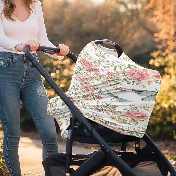 Biyejit Rose Butterfly Car Seat Covers, Baby Car Seat Canopy Carrier Cover Breathable Nursing Cover for Breastfeeding Stretchy Carseat Cover Boys Girls Multi-Use Infant Carseat Stroller Cover