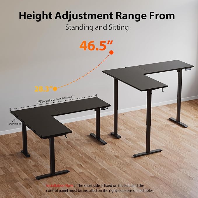 Agilestic L-Shaped Standing Desk Adjustable Height, Electric Corner Standing Desk, Sit Stand Up Desk, 75x61 inch Sit Stand Computer Table, Black