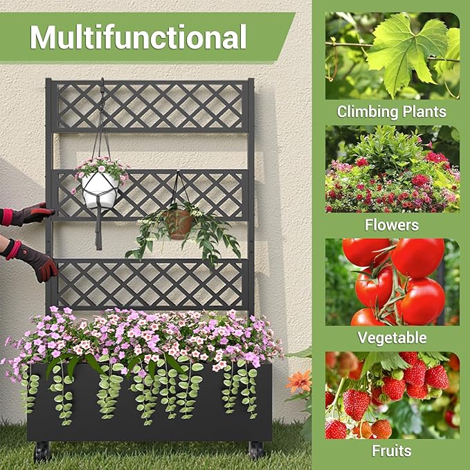 Metal Planter Box with Trellis Privacy Screen, 67"x41"x16" Raised Garden Bed with Trellis, Privacy Planter Boxes, with Planting Bag & Lockable Casters for Climbing Plants,Vegetables,and Vines