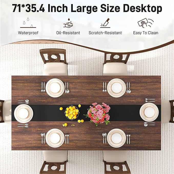 71 inch Dining Table for 4 5 6 | Modern Brown and Black Rectangular Kitchen Table W/Waterproof Wood Tabletop,Farmhouse Long Dining Room Tables W/Adjustable Legs&Wood Strip Base for Kitchen Living Room