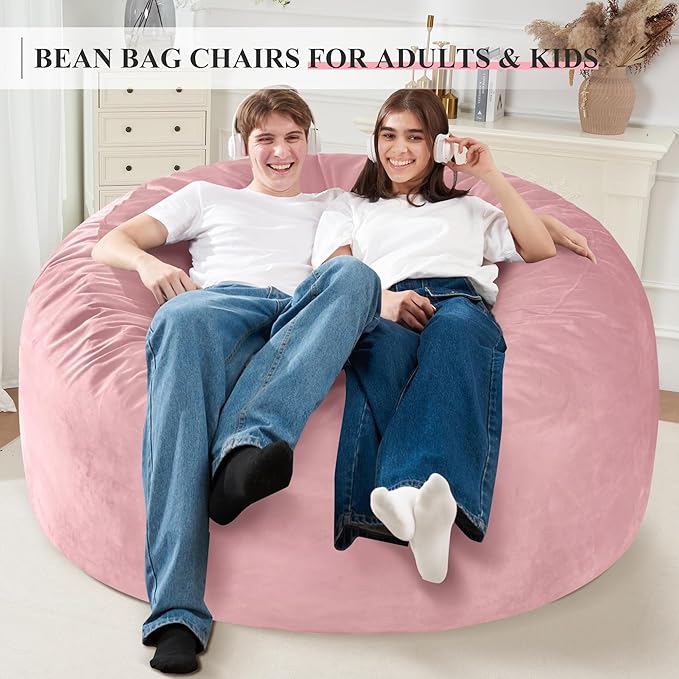 Homguava 5 FT Bean Bag Chair: 5' Bean Bags with Memory Foam Filled, Large Beanbag Chairs Soft Sofa with Dutch Velvet Cover-Light Pink