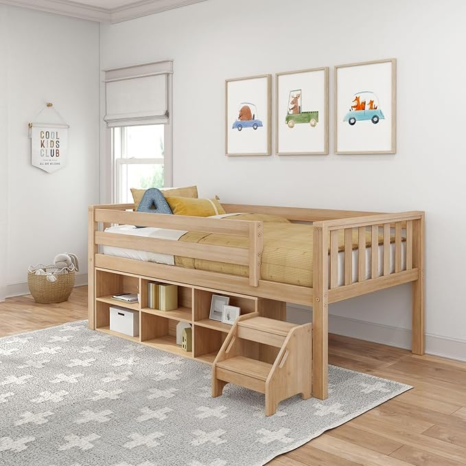Max & Lily Soren Ultra Low Loft Bed, Twin Bed Frame for Kids with Bookcase, Blonde