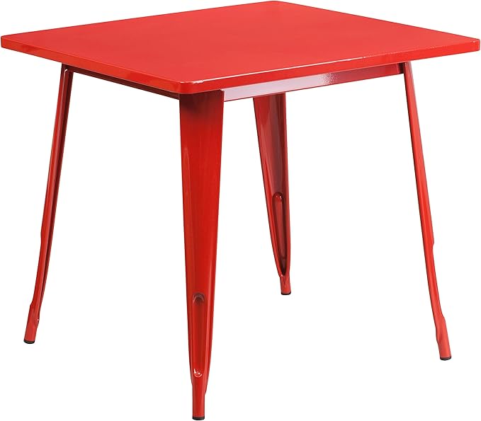 EMMA + OLIVER Commercial Grade 31.5" Square Red Metal Indoor-Outdoor Table