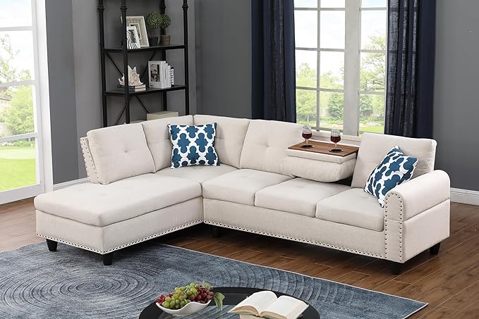 Ball & Cast 98" L Shaped Sectional Couch for Living Room with Coffee Table and Nailhead Trim,4 Seat Linen Upholstered Modular Sectional Sofa Set 2 PCS W/Chaise and Cup Holders,for Home,Office,Beige