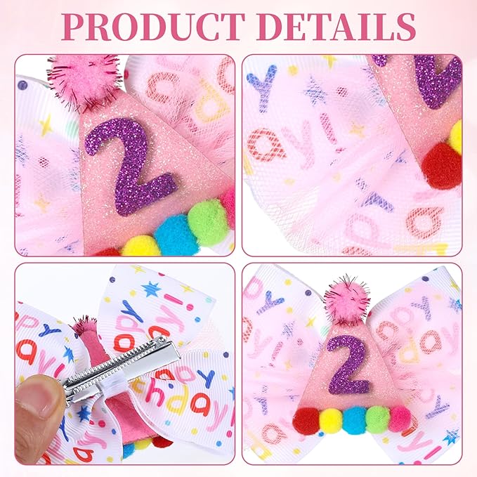2Pcs Birthday Hair Bow for Baby Girls 1 2 3 4 5 6 Years, Pink Confetti Ice Cream Party Decorations, Sparkling Bows Hair Accessories for 2nd Birthday