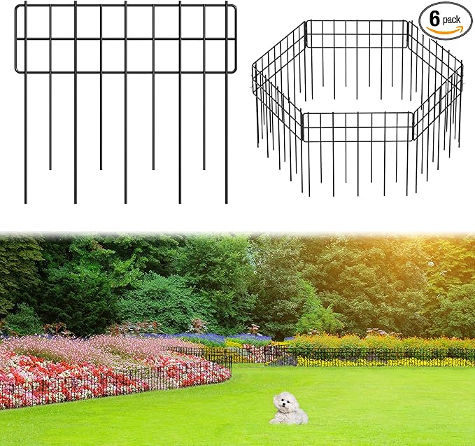 Decorative Fence Panel, 12.99"*11.97" No Dig Fences Barrier, Small Garden Fence Animal Barrier, Garden Border Edging Fences, Square 6 Pcs Black Metal Fencing, Dog Fencing Blocker for Yard, Flower Bed