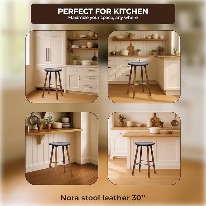 Nora 30" Upholstered Bar Stool, Backless Saddle Seat with Faux Leather Cushion, Solid Rubber Wood Frame in Brown Finish, Ideal for Kitchen Island or Home Bar Use